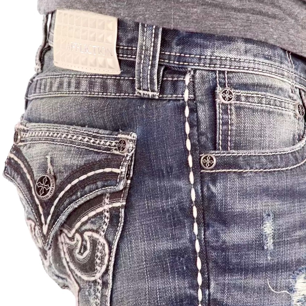 Affliction Black Premium Embroidered Distressed Blue Denim Jeans - Picture 4 of 13